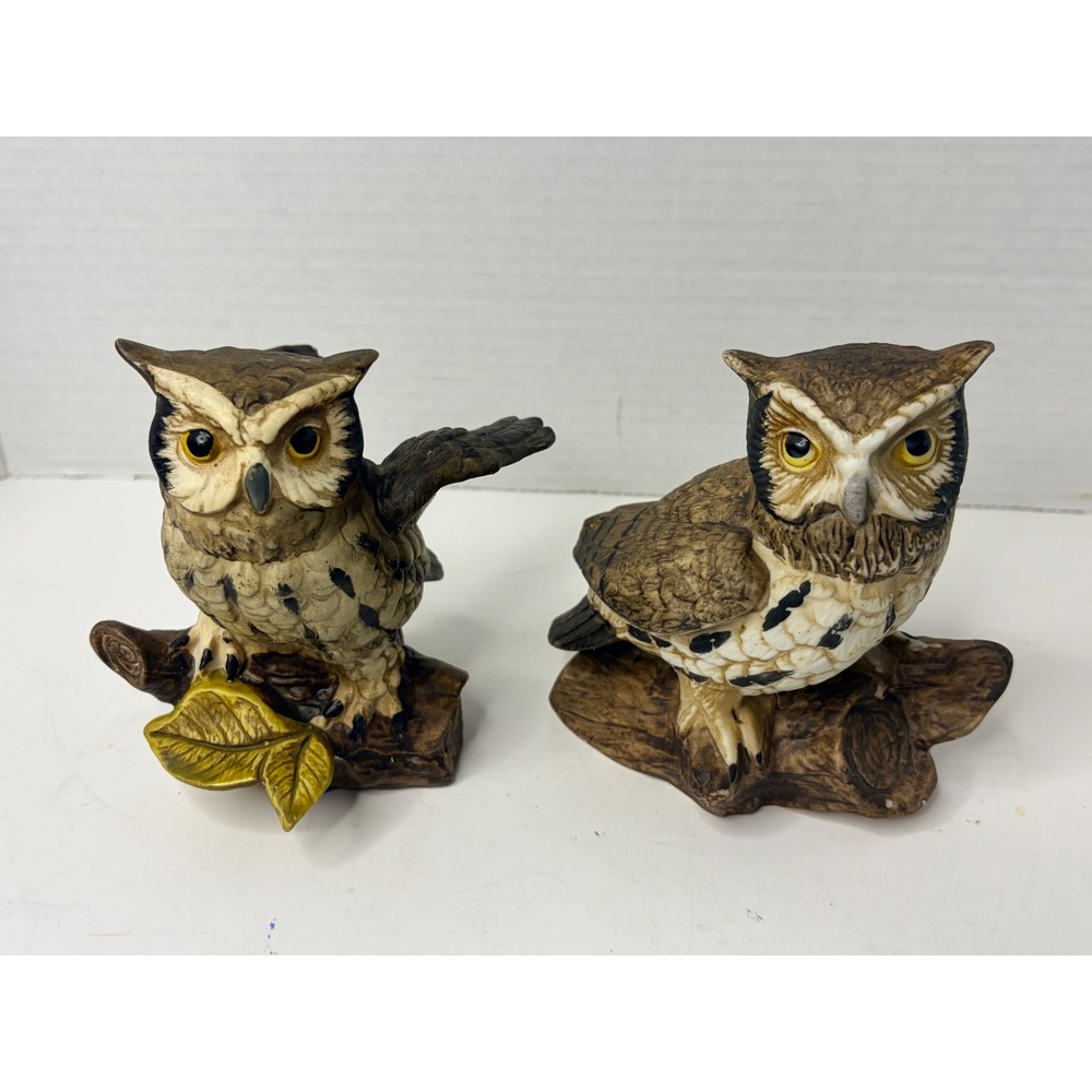 Vtg 70s MCM Owl Figurine Set Ceramic Bird Decor 2pc Homco Norleans Cottagecore